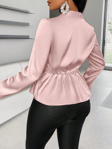 Slayr Solid Ruched Waist Ruffle Hem Satin Blouse With Wrap Collar