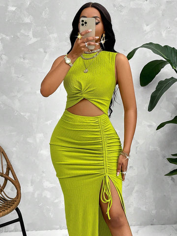 Solid Twist Front Cut Out Ruched Split Thigh Dress