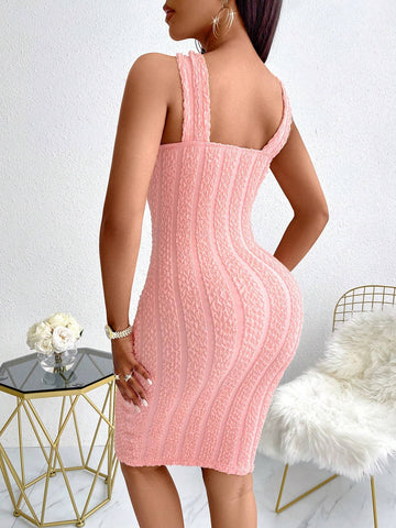Solid Wide Strap Bodycon Dress Unitard PINK Cut Out Button