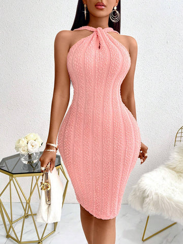 Solid Wide Strap Bodycon Dress Unitard PINK Cut Out Button