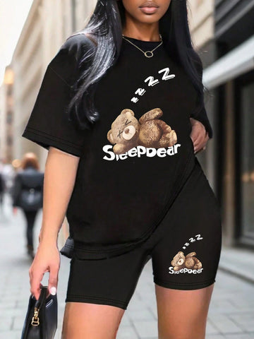 Spring/Summer Fashionable Cartoon Bear Pattern Printed T-Shirt & Slim Fit Shorts Casual Women's 2-Piece Sets