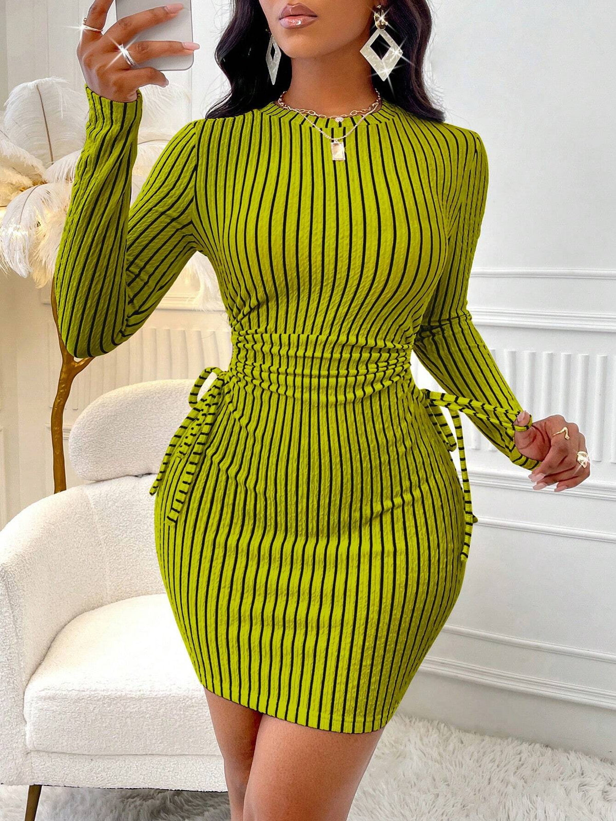 Spring & Autumn Casual Striped Drawstring Hollow-Out Fitted Mini Dress