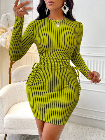Spring & Autumn Casual Striped Drawstring Hollow-Out Fitted Mini Dress