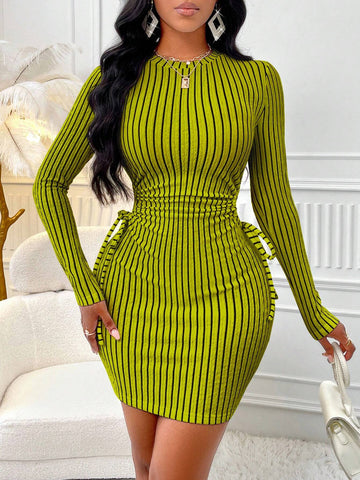 Spring & Autumn Casual Striped Drawstring Hollow-Out Fitted Mini Dress