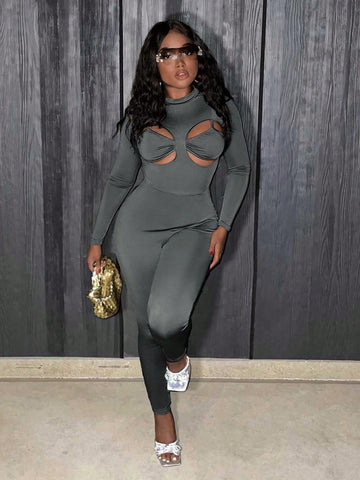 Stand Collar Hollow Out Slim Fit Jumpsuit