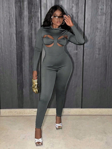 Stand Collar Hollow Out Slim Fit Jumpsuit