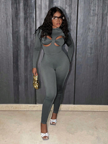 Stand Collar Hollow Out Slim Fit Jumpsuit