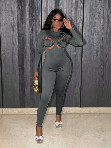 Stand Collar Hollow Out Slim Fit Jumpsuit