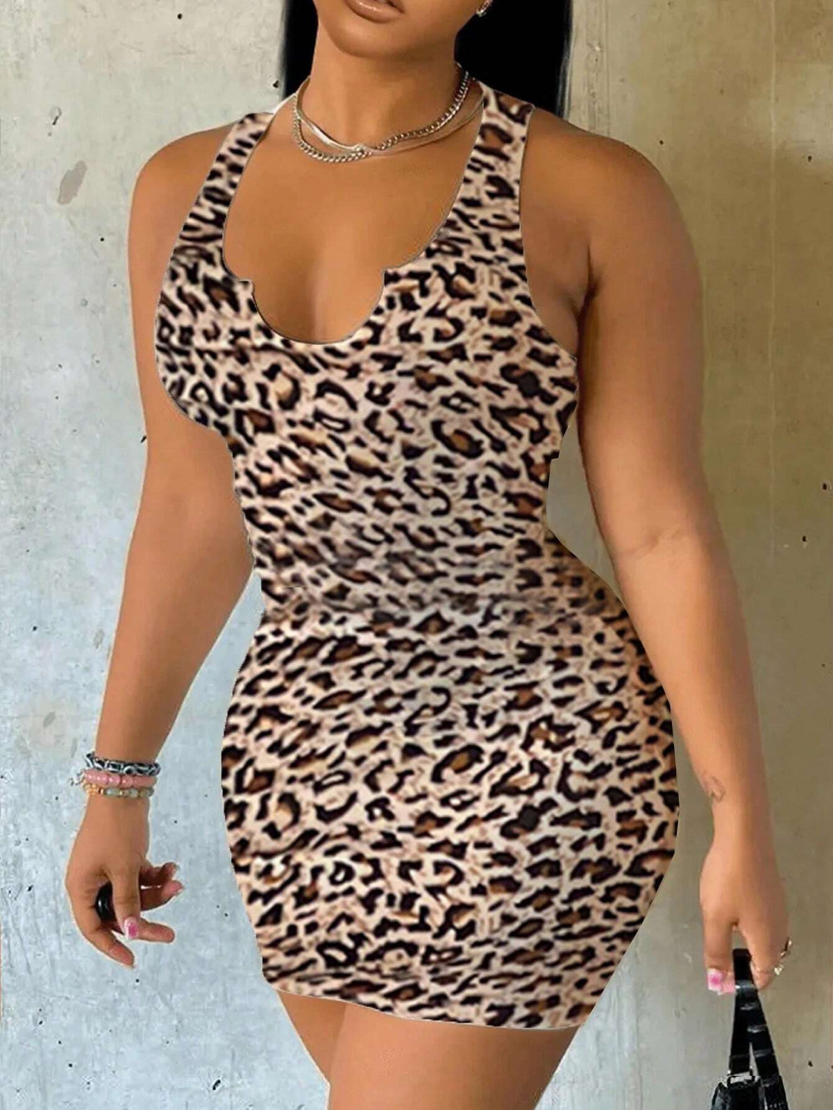 Street Leopard Print Notch Neck Tight Mini Dress