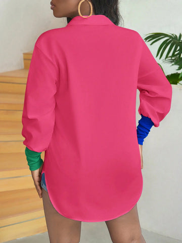 Slayr Street Style Colorblock Print Asymmetric Hem Long Sleeve Button-Up Shirt