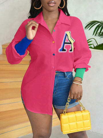 Slayr Street Style Colorblock Print Asymmetric Hem Long Sleeve Button-Up Shirt