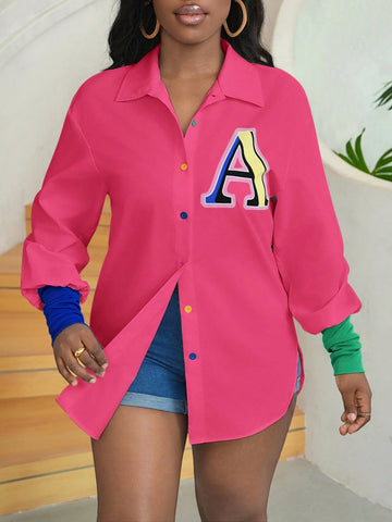 Slayr Street Style Colorblock Print Asymmetric Hem Long Sleeve Button-Up Shirt