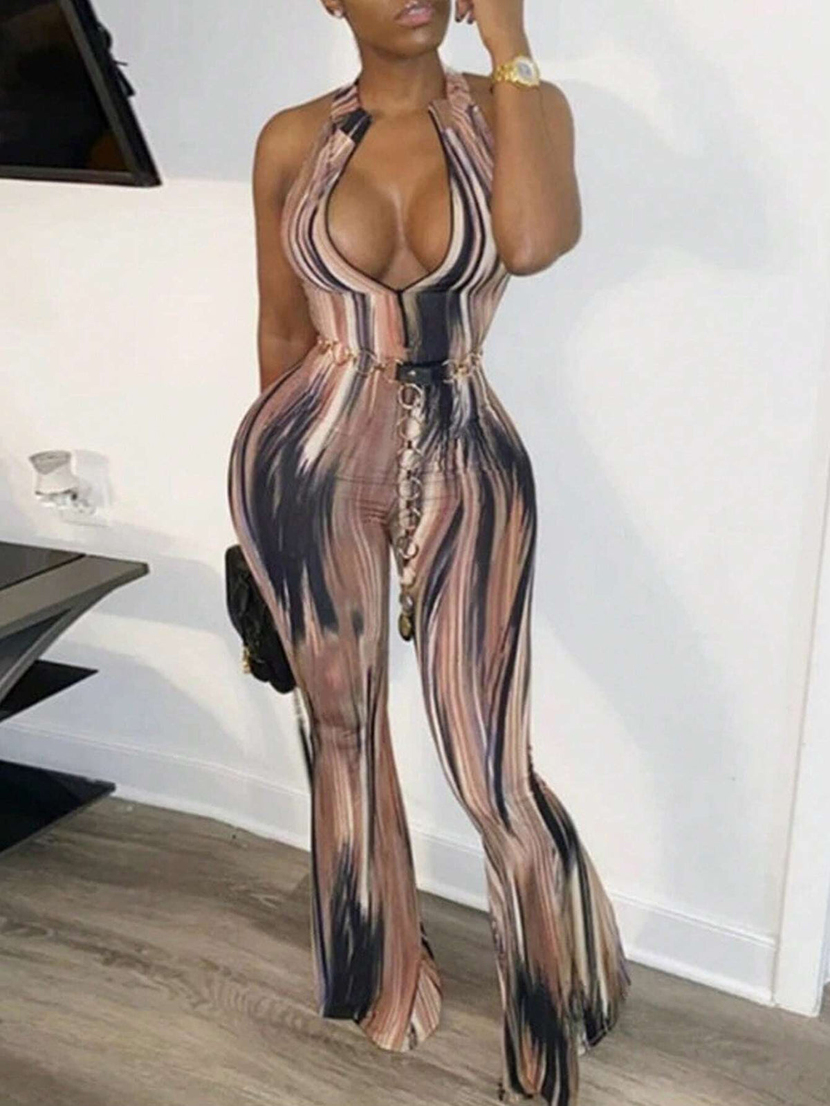 Street Style Round Neck Sleeveless Front Zipper Full Print Flared Jumpsuit-C