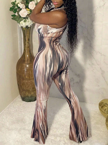 Street Style Round Neck Sleeveless Front Zipper Full Print Flared Jumpsuit-C