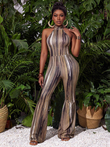 Street Style Round Neck Sleeveless Front Zipper Full Print Flared Jumpsuit-C