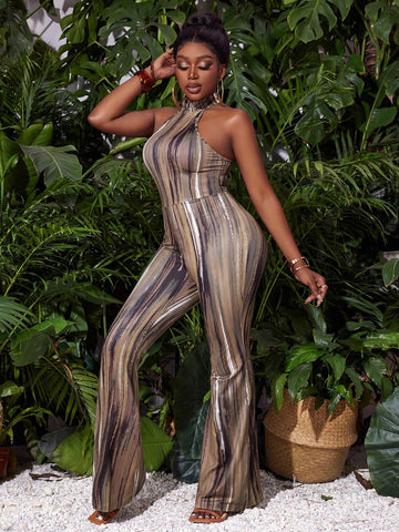 Street Style Round Neck Sleeveless Front Zipper Full Print Flared Jumpsuit-C