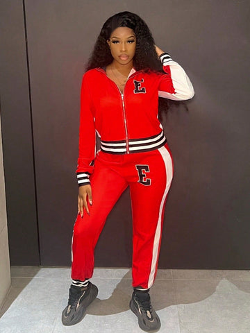 Striped Decor Zippered Jacket And Pants Set