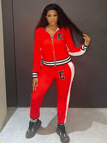 Striped Decor Zippered Jacket And Pants Set