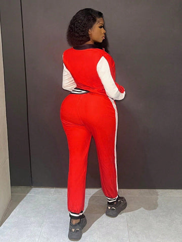 Striped Decor Zippered Jacket And Pants Set