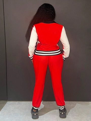 Striped Decor Zippered Jacket And Pants Set
