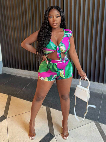 Summer Beach Vacation V-Neck Tied Cap Sleeves Sleeveless Super Mini Tropical Branch Print Rose Red Women's Tight Jumpsuit Unitard-F