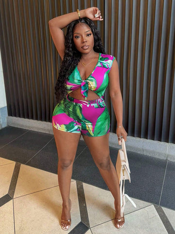 Summer Beach Vacation V-Neck Tied Cap Sleeves Sleeveless Super Mini Tropical Branch Print Rose Red Women's Tight Jumpsuit Unitard-F