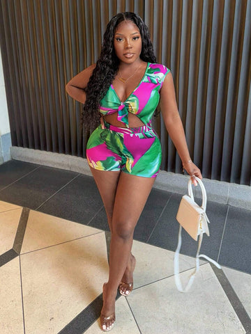 Summer Beach Vacation V-Neck Tied Cap Sleeves Sleeveless Super Mini Tropical Branch Print Rose Red Women's Tight Jumpsuit Unitard-F