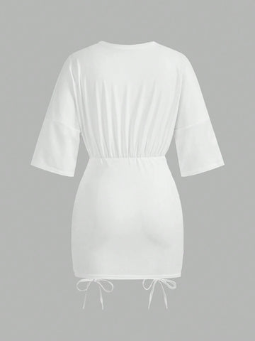 Summer Casual Basic Round Neck Short Sleeve Drawstring Knitted Elastic Mini Dress