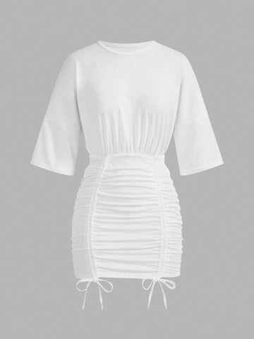 Summer Casual Basic Round Neck Short Sleeve Drawstring Knitted Elastic Mini Dress
