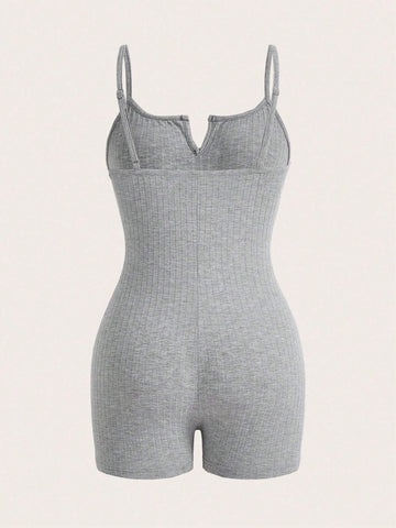 Summer Casual Basic Sporty V-Neck Spaghetti Strap Solid Color Bodysuit With Cut-Out Design