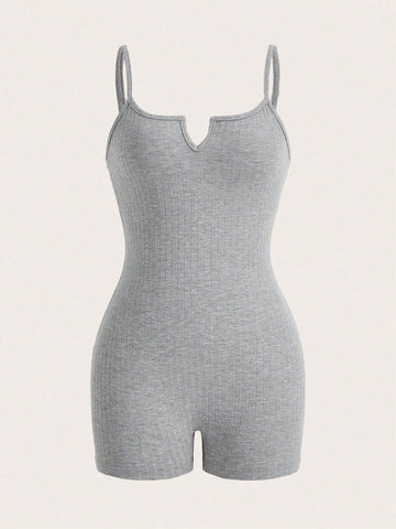 Summer Casual Basic Sporty V-Neck Spaghetti Strap Solid Color Bodysuit With Cut-Out Design