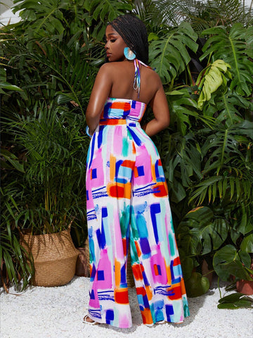 Summer Casual Resort Style Halterneck, Backless Waist, Hollow Wide-Leg Trousers, Colorful Square All-Over Printed Women's Jumpsuit
