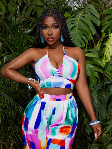 Summer Casual Resort Style Halterneck, Backless Waist, Hollow Wide-Leg Trousers, Colorful Square All-Over Printed Women's Jumpsuit