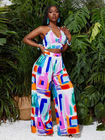 Summer Casual Resort Style Halterneck, Backless Waist, Hollow Wide-Leg Trousers, Colorful Square All-Over Printed Women's Jumpsuit