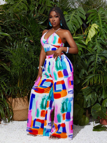 Summer Casual Resort Style Halterneck, Backless Waist, Hollow Wide-Leg Trousers, Colorful Square All-Over Printed Women's Jumpsuit