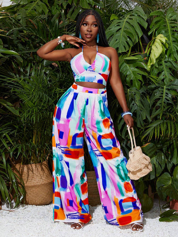 Summer Casual Resort Style Halterneck, Backless Waist, Hollow Wide-Leg Trousers, Colorful Square All-Over Printed Women's Jumpsuit