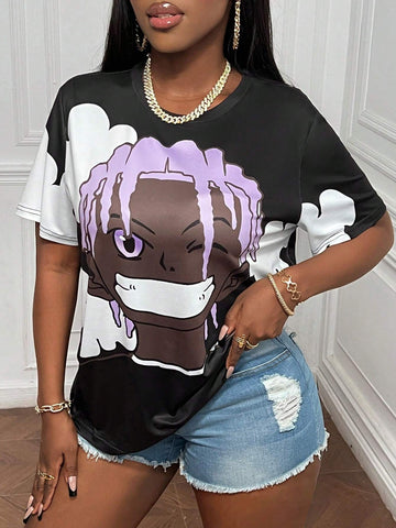 Slayr Summer Casual Round Neck Short-Sleeved Loose Shoulder Character Print Women's T-Shirt-K