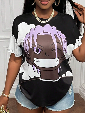 Slayr Summer Casual Round Neck Short-Sleeved Loose Shoulder Character Print Women's T-Shirt-K