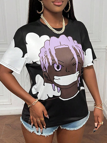 Slayr Summer Casual Round Neck Short-Sleeved Loose Shoulder Character Print Women's T-Shirt-K