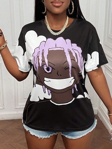 Slayr Summer Casual Round Neck Short-Sleeved Loose Shoulder Character Print Women's T-Shirt-K