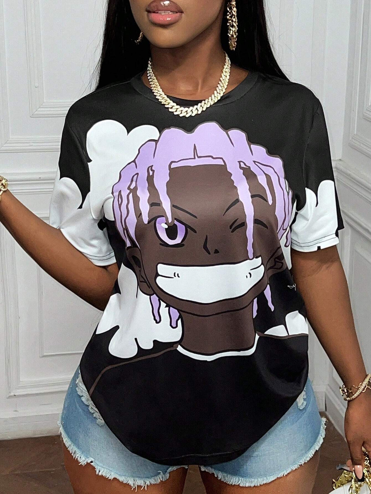 Slayr Summer Casual Round Neck Short-Sleeved Loose Shoulder Character Print Women's T-Shirt-K