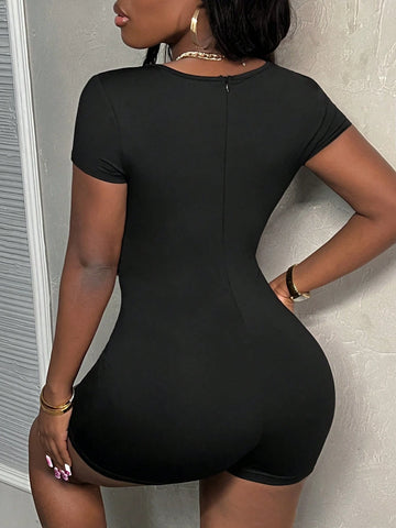 Summer Casual, Simple And Elegant Deep V-Neck Collar With Lace Decoration Short-Sleeved Slim Shorts Black Knitted Women's Jumpsuit