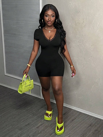 Summer Casual, Simple And Elegant Deep V-Neck Collar With Lace Decoration Short-Sleeved Slim Shorts Black Knitted Women's Jumpsuit