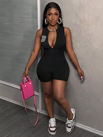 Summer Casual Simple Basic Front Zipper Slim Mini B Letter Black Pit Strip Women's Tight Jumpsuit Unitard-H