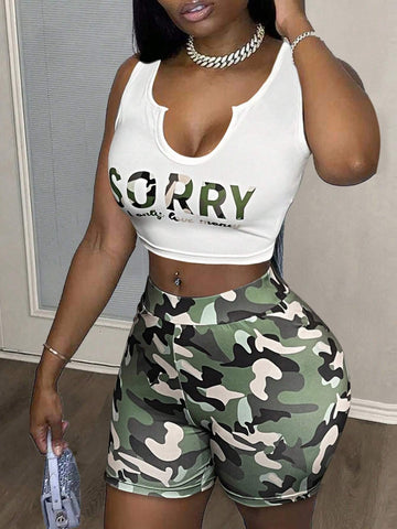 Summer Casual Simple Basic Sports Style Round U-Neck Sleeveless Truncated Slogan Logo Top Slim-Fitting Camouflage Shorts Cycling Pants Women's Two-Piece Set