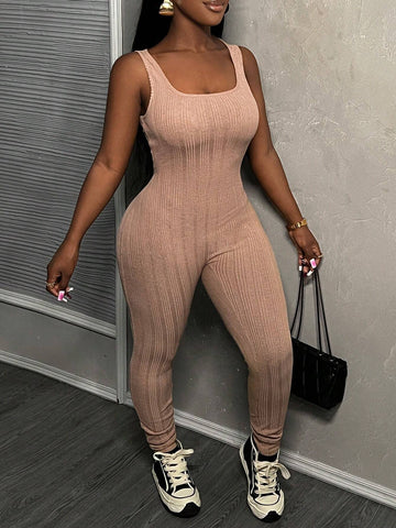 Summer Casual Simple Basic U-Neck Sleeveless Back Strap Slim White Irregular Pit Strip Women's Tight Jumpsuit Unitard-B