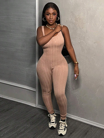 Summer Casual Simple Basic U-Neck Sleeveless Back Strap Slim White Irregular Pit Strip Women's Tight Jumpsuit Unitard-B