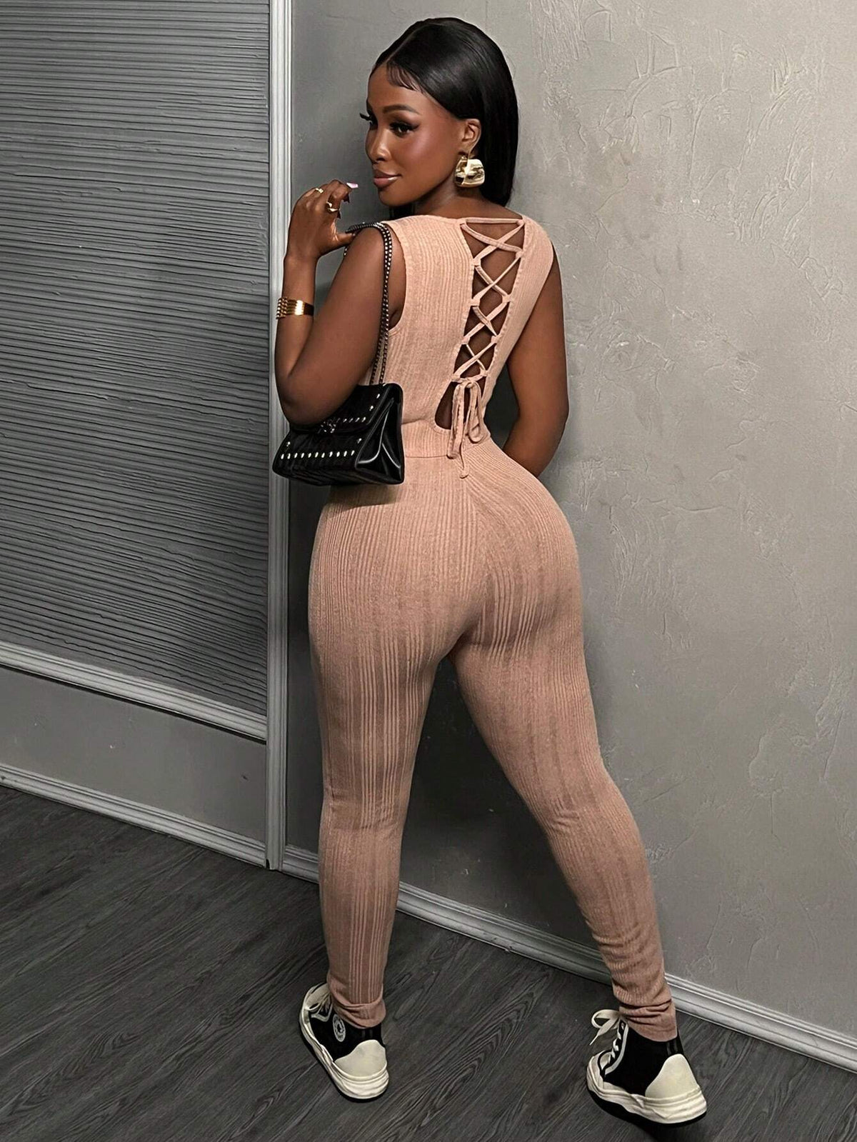 Summer Casual Simple Basic U-Neck Sleeveless Back Strap Slim White Irregular Pit Strip Women's Tight Jumpsuit Unitard-B