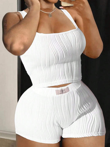 Summer Casual Simple Basic U-Neck Sleeveless Cropped Vest Mini Shorts Wavy Knitted Texture Fabric Slim Suit White Women's Two-Piece Set