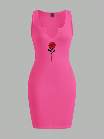 Summer Casual Simple Rose Printed Sleeveless Spaghetti Straps Bodycon Dress